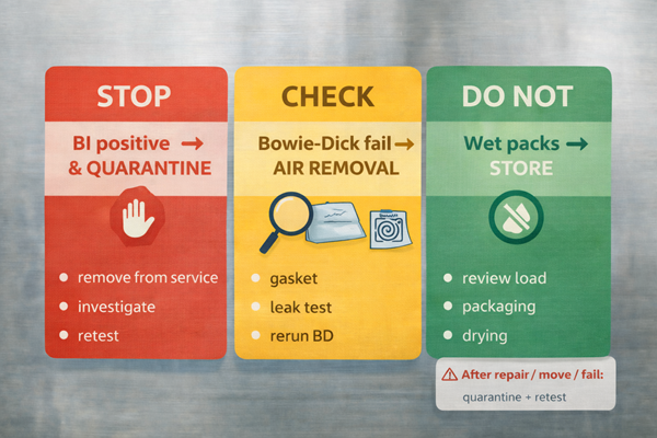 Action cards showing how dental clinics respond to sterilization test failures and wet packs
